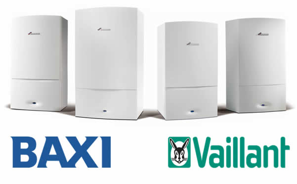 Four boilers on a white background. The logos BAXI and Vaillant appear beneath.