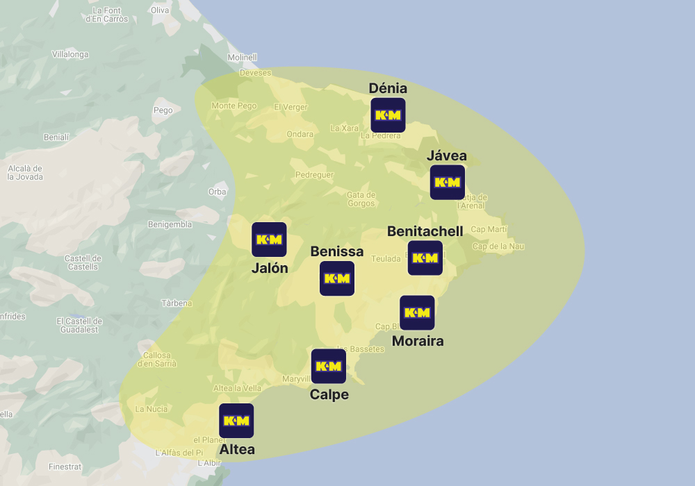 Map of the Costa Blanca area of Spain, highlighting the K&M service areas of Dénia, Jávea, Benissa, Benitachell, Moraira, Calpe, Altea and Jalón.
